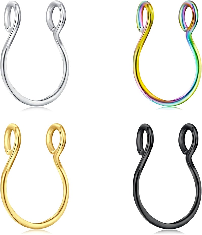 QWALIT Fake Nose Ring Gold Fake Septum Ring Hoop Silver Faux Septum Piercing Clip on Lip Ring Stick on Nose Stud Non Piercing Ear Earring Cuffs Gold Lip Cuff Non Pierced - Image 1